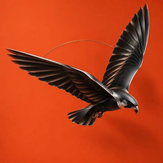 A sculptural black-metal falcon with outstretched wings against an orange background.